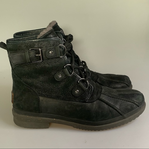 UGG Shoes - UGG Waterproof Black Leather Lace Up Ankle Boots 9